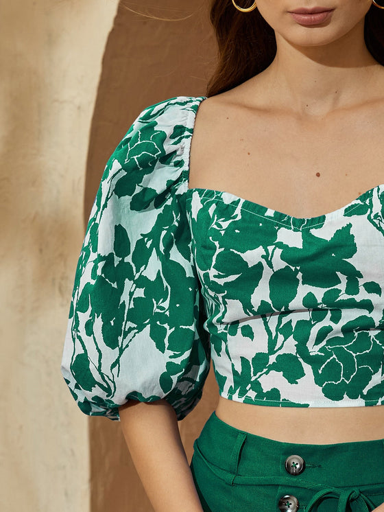 Floral Print Puff Sleeve Lace Up Backless Crop Top