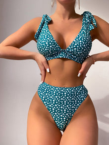  Ditsy Floral Print Knot Shoulder Bikini Swimsuit