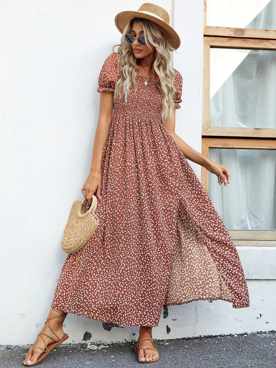 Puff Sleeve Shirred Bodice Ditsy Floral Split Thigh Dress