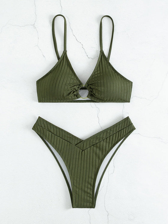 Solid Ring Linked Bikini Swimsuit