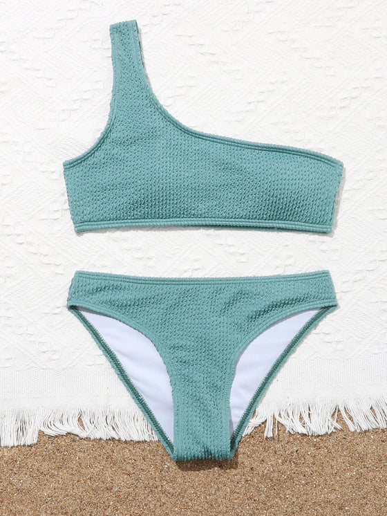 Girls Plain Textured One Shoulder Bikini Swimsuit