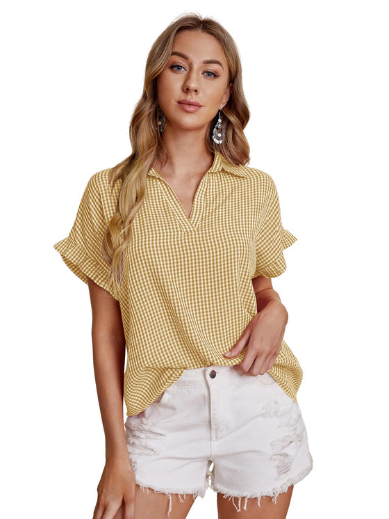 Notch Neck Gingham Blouse