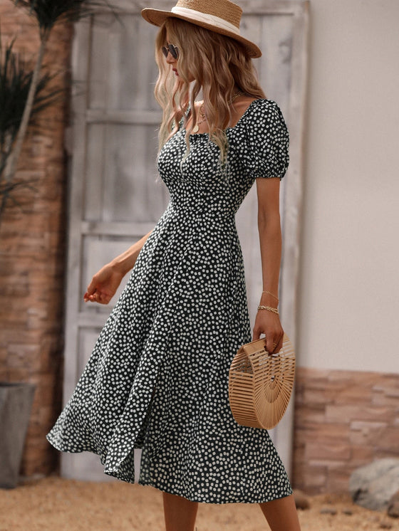 Ditsy Floral Print Puff Sleeve Split Thigh Dress