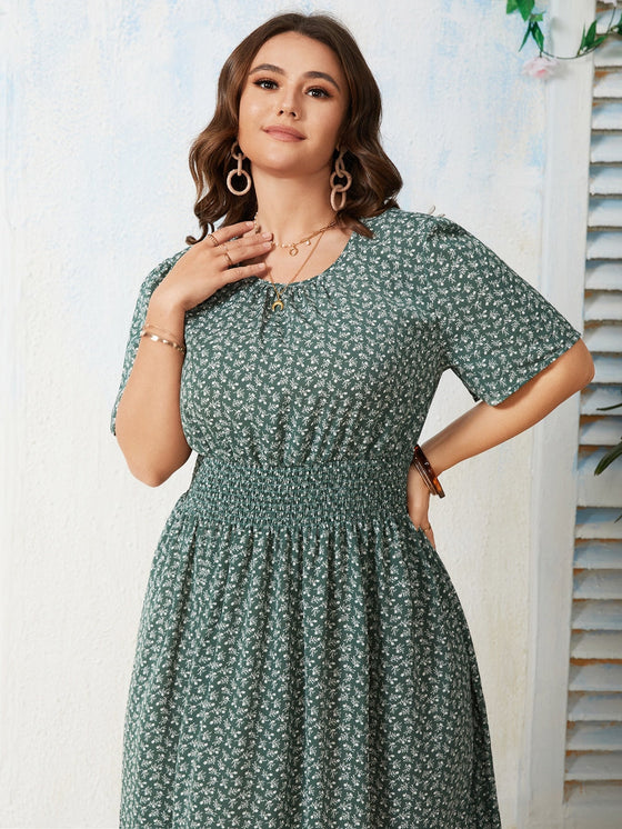 Plus Ditsy Floral Print Shirred Waist Dress