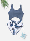 Teen Girls Tropical Print Cut out One Piece Swimsuit