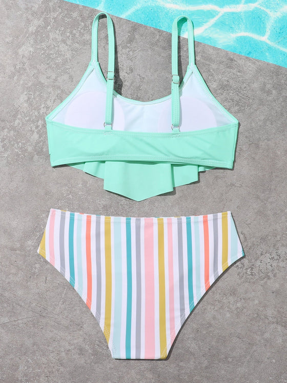 Girls Striped Hanky Hem Bikini Swimsuit