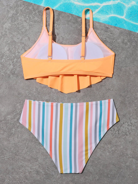 Girls Striped Hanky Hem Bikini Swimsuit