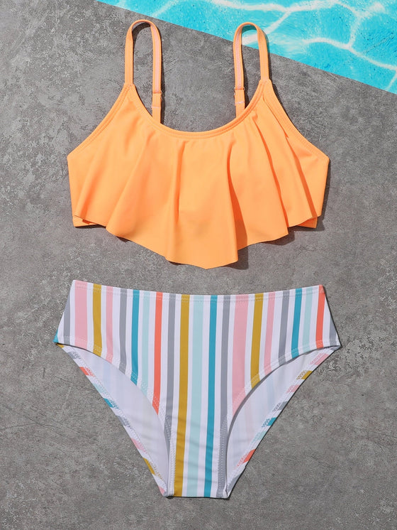 Girls Striped Hanky Hem Bikini Swimsuit