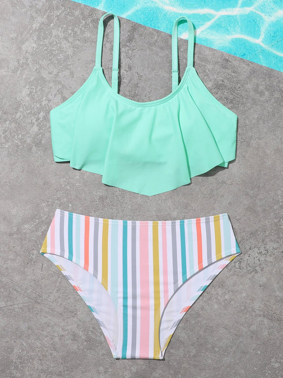 Girls Striped Hanky Hem Bikini Swimsuit