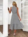 Striped Print Belted Ruffle Hem Dress