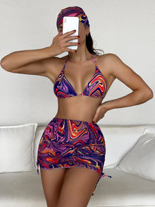  4pack Abstract Fluid Pattern Halter Bikini Swimsuit Beach Skirt