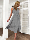 Striped Print Belted Ruffle Hem Dress