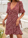 Floral Print Flounce Sleeve Wrap Knot Front Dress