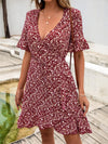 Floral Print Flounce Sleeve Wrap Knot Front Dress