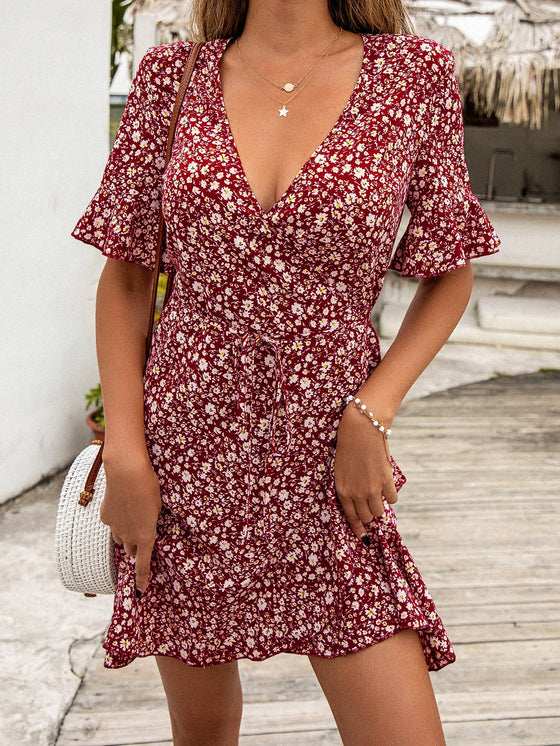 Floral Print Flounce Sleeve Wrap Knot Front Dress