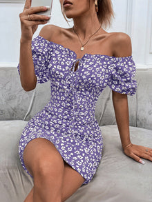  Ditsy Floral Off Shoulder Puff Sleeve Tie Front Bodycon Dress