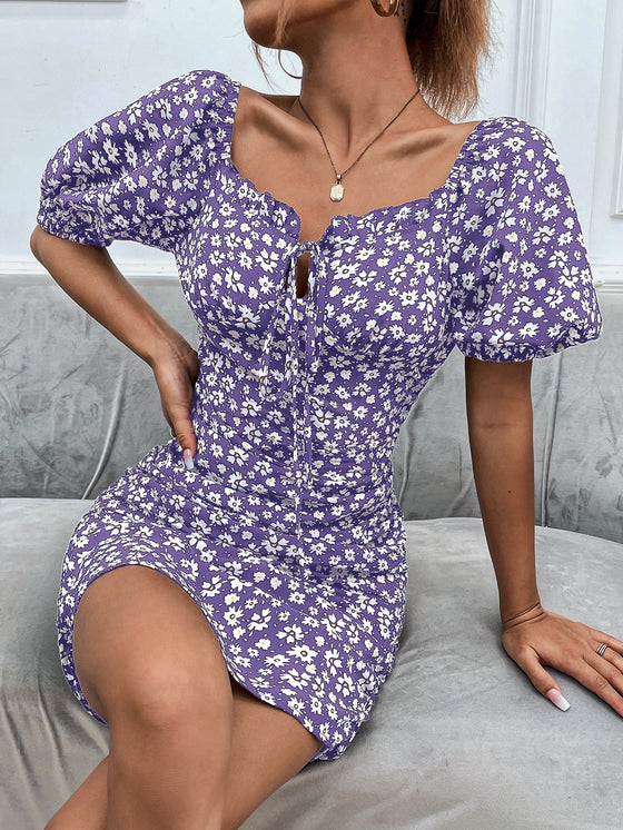 Ditsy Floral Off Shoulder Puff Sleeve Tie Front Bodycon Dress