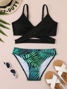  Girls Tropical Print Rib Bikini Swimsuit