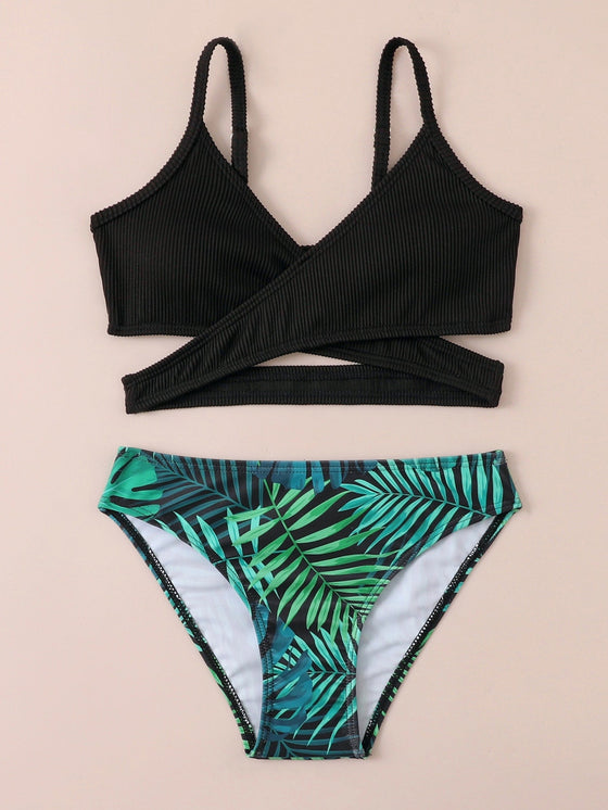 Girls Tropical Print Rib Bikini Swimsuit