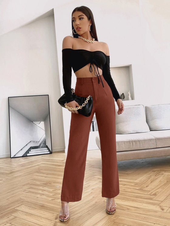 Solid High Rise Tailored Pants