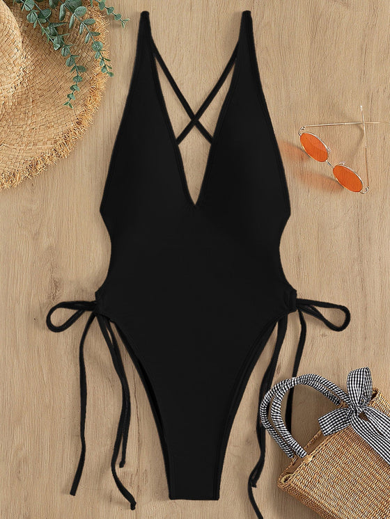 Drawstring Plunging One Piece Swimsuit