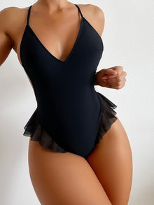  Backless Cross Back Cut out One Piece Swimsuit