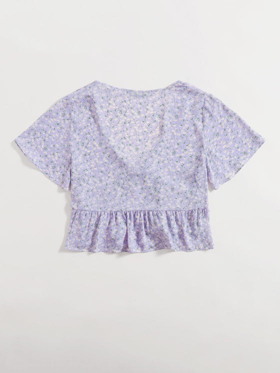 Knot Front Ditsy Floral Ruffle Hem Blouse