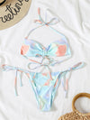 Tie Dye Drawstring Front Thong Bikini Swimsuit