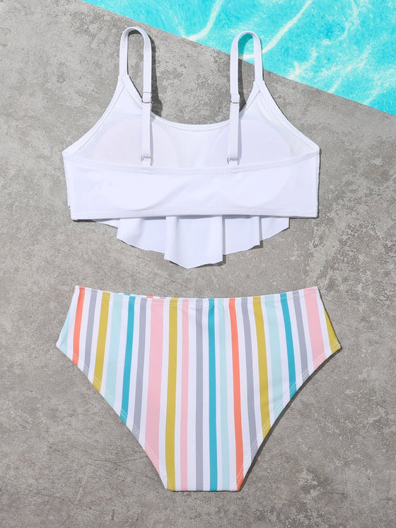 Girls Striped Hanky Hem Bikini Swimsuit