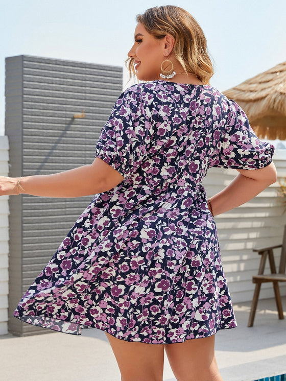 Plus Allover Floral Puff Sleeve Dress