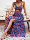 Tropical Print Twist Front Cut out Split Thigh Cami Dress