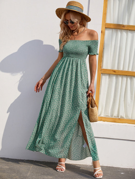 Ditsy Floral Off Shoulder Shirred Split Thigh Dress