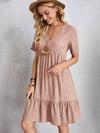 EMERY ROSE V neck Solid Ruffle Hem Smock Dress