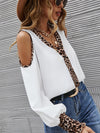 Leopard Print Cold Shoulder Shirred Frill Trim Cuff Blouse