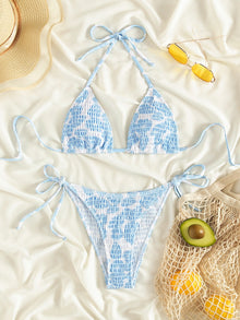  Smocked Tie Side Halter Triangle Bikini Swimsuit