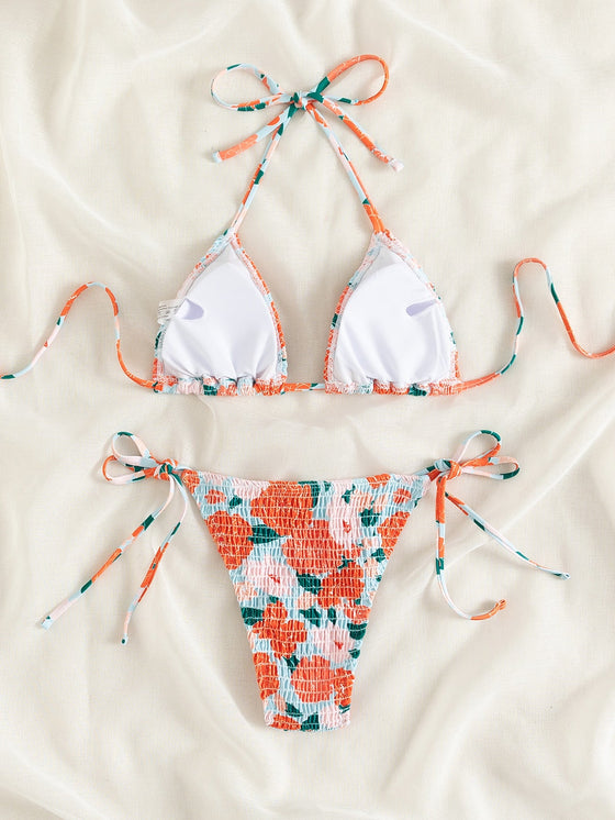 Floral Print Smocked Halter Triangle Bikini Swimsuit