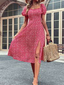  Ditsy Floral Print Puff Sleeve Split Thigh Dress