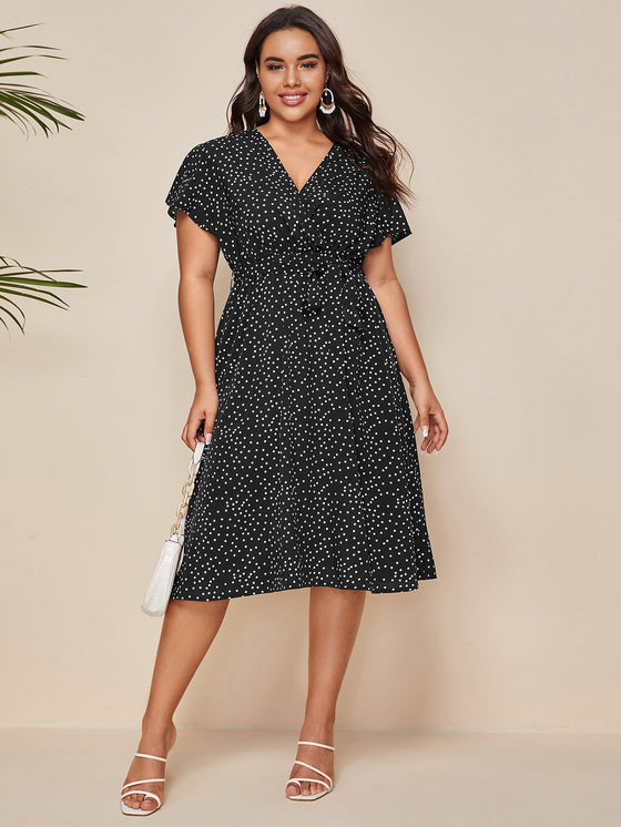 Plus Polka Dot Belted A line Dress