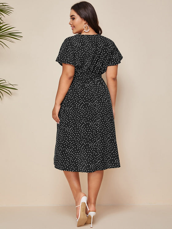 Plus Polka Dot Belted A line Dress