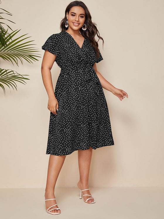 Plus Polka Dot Belted A line Dress