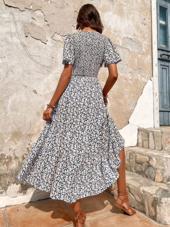 Ditsy Floral Butterfly Sleeve Shirred Ruffle Hem Dress Without Belt