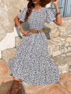 Ditsy Floral Butterfly Sleeve Shirred Ruffle Hem Dress Without Belt