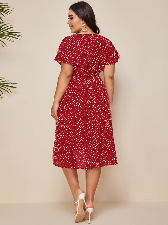 Plus Polka Dot Belted A line Dress