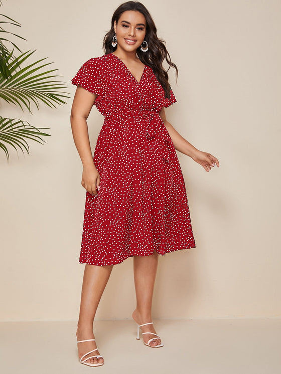 Plus Polka Dot Belted A line Dress