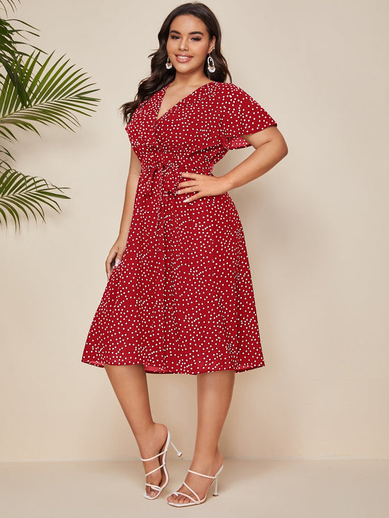 Plus Polka Dot Belted A line Dress