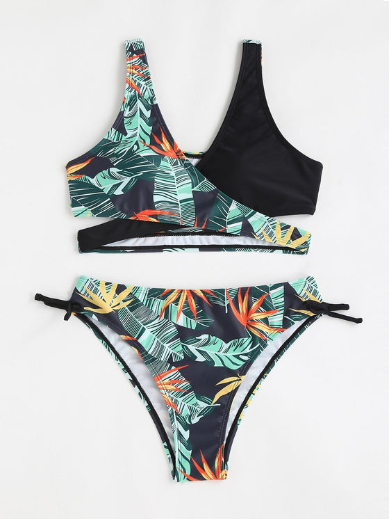 Teen Girls Tropical Print Tie Side Bikini Swimsuit