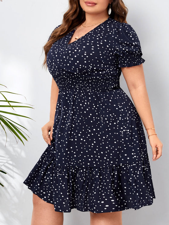 EMERY ROSE Plus Polka Dot Print Shirred Waist Dress