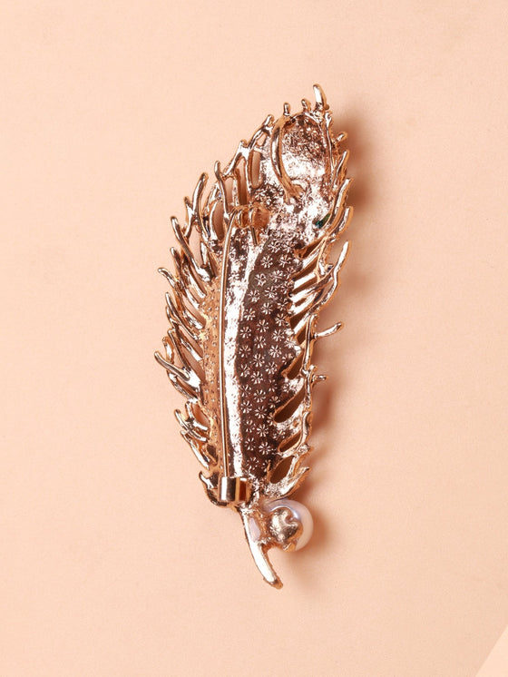 Faux Pearl Rhinestone Decor Feather Design Brooch