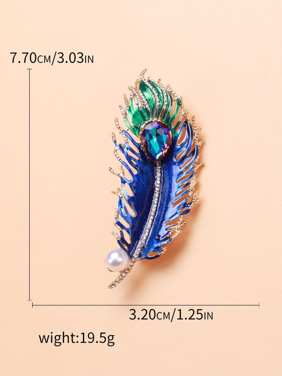 Faux Pearl Rhinestone Decor Feather Design Brooch