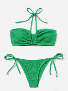  Textured Tie Side Halter Bikini Swimsuit